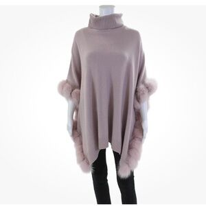 Sofia Cashmere Pink Turtleneck Neck Poncho Sweater  Fox Fur One Size